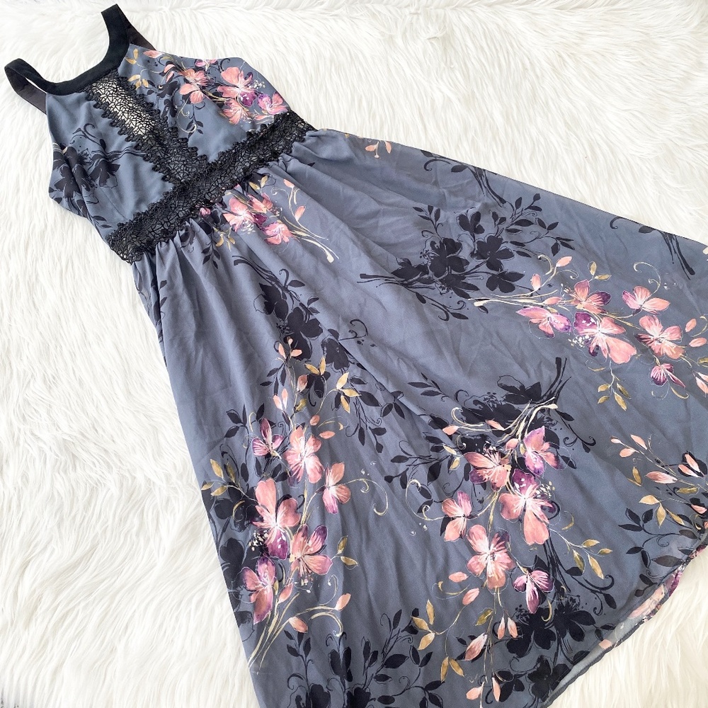 Little Mistress Floral Midi Dress in Gray and Pink